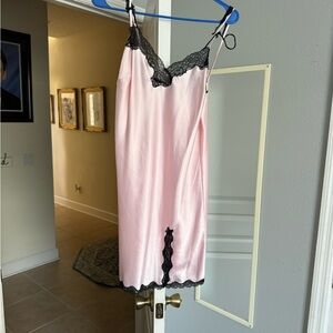 Victoria's Secret Pink Satin Chemise with Black Lace Trim VINTAGE NEW